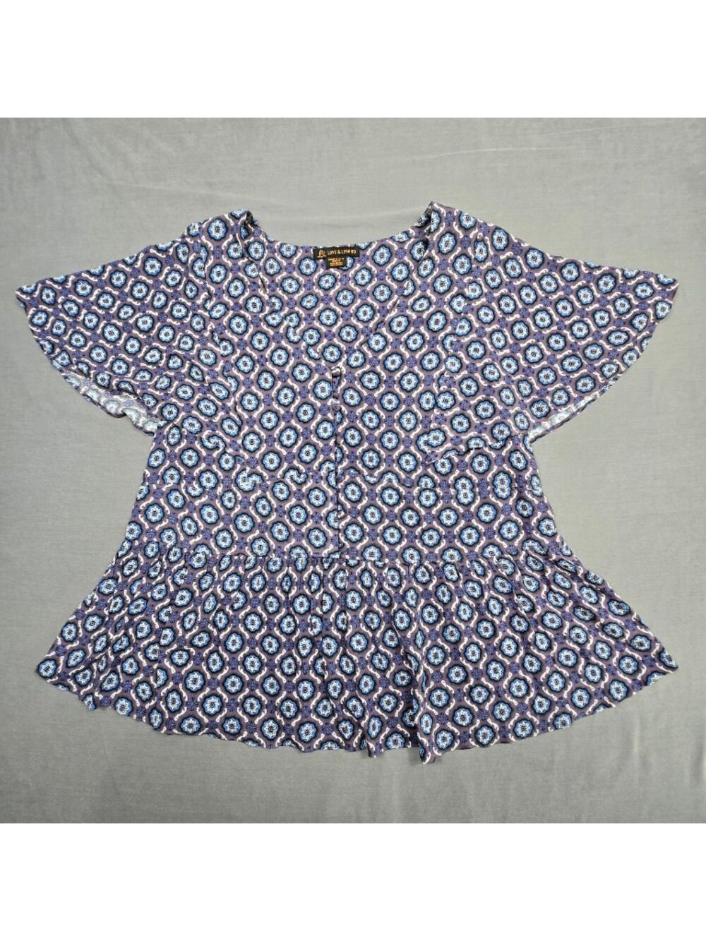 Love & Legend Womens Purple Floral Print Short Sleeve Peplum Blouse Size 14